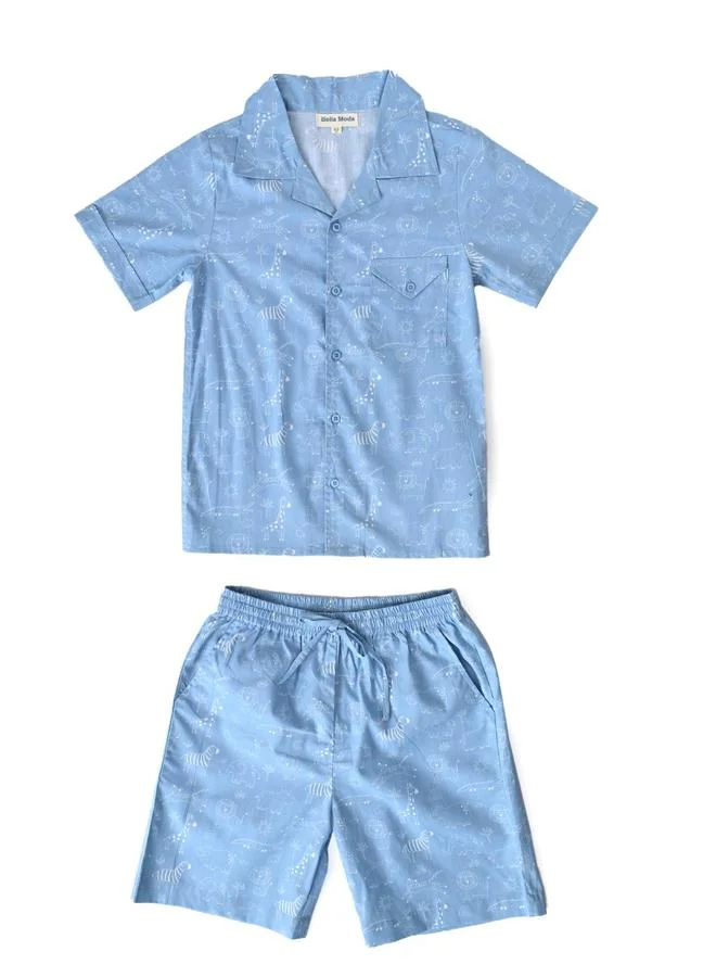 Bella Moda Boys Blue Cotton Animal Print Shirt and Shorts Set