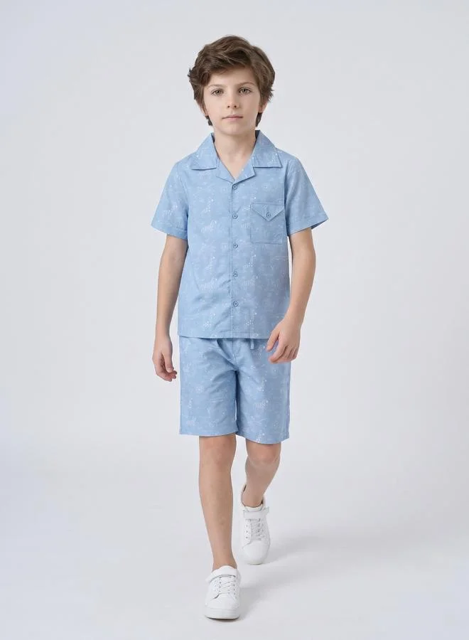 Bella Moda Boys Blue Cotton Animal Print Shirt and Shorts Set