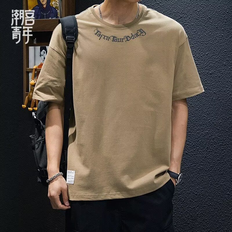 Casual Heavyweight Embroidered Short-Sleeved T-Shirt Men'S Summer Trendy Brand Loose Large Size Plus Fat Half-Sleeved Simple Versatile Top - Image 1