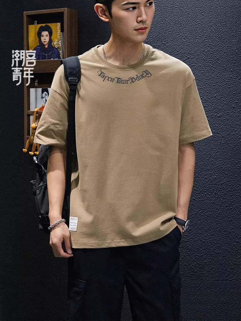 Casual Heavyweight Embroidered Short-Sleeved T-Shirt Men'S Summer Trendy Brand Loose Large Size Plus Fat Half-Sleeved Simple Versatile Top - Image 4