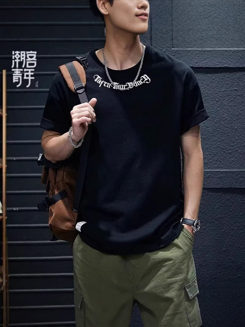 Casual Heavyweight Embroidered Short-Sleeved T-Shirt Men'S Summer Trendy Brand Loose Large Size Plus Fat Half-Sleeved Simple Versatile Top - Image 5