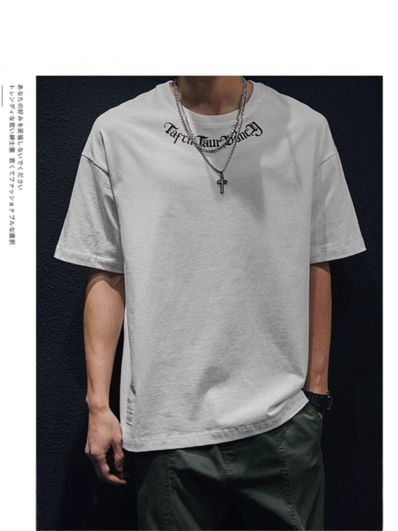 Casual Heavyweight Embroidered Short-Sleeved T-Shirt Men'S Summer Trendy Brand Loose Large Size Plus Fat Half-Sleeved Simple Versatile Top - Image 2