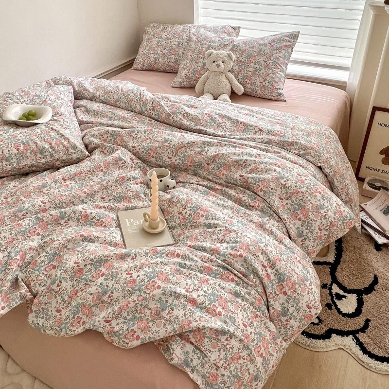 Lifetb Pink Floral Comforter Set Full Cute Girl Floral Bedding Comforter Set For Full Size Bed Chic Garden Style Flower Comforter With 2 Pillowcases Vintage Botanical Bedding Comforter Set All Season - Image 1