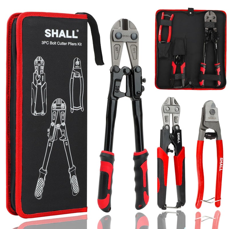 SHALL 3-Piece Bolt Cutters, 14" Heavy Duty Bolt Cutter, 8" Mini Bolt Cutter, 8" Wire Rope Cutter, Ergonomic Handle, More Efficient Leverage for Cutting Locks, Chains, Iron Wire, Carrying Case Included - Image 1