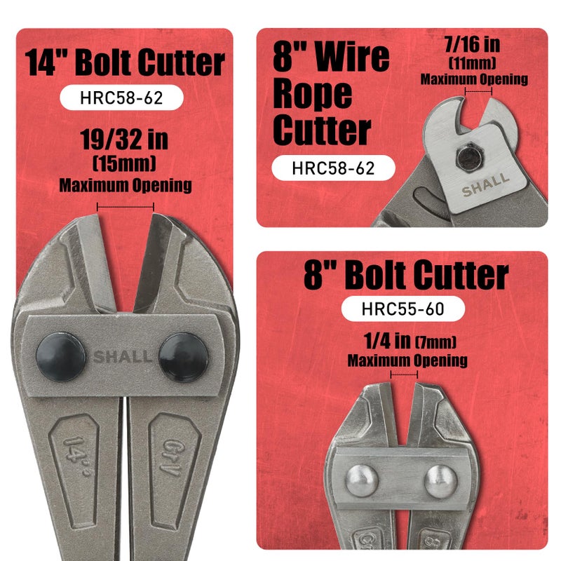 SHALL 3-Piece Bolt Cutters, 14" Heavy Duty Bolt Cutter, 8" Mini Bolt Cutter, 8" Wire Rope Cutter, Ergonomic Handle, More Efficient Leverage for Cutting Locks, Chains, Iron Wire, Carrying Case Included - Image 2