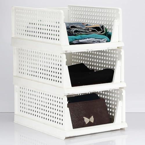 JEYANG Foldable Plastic Wardrobe Organizer - Stackable Storage Solution for Clothes, Ideal for Bathroom, Kitchen, and Bedroom Use (Pack of 3, White) - Image 1