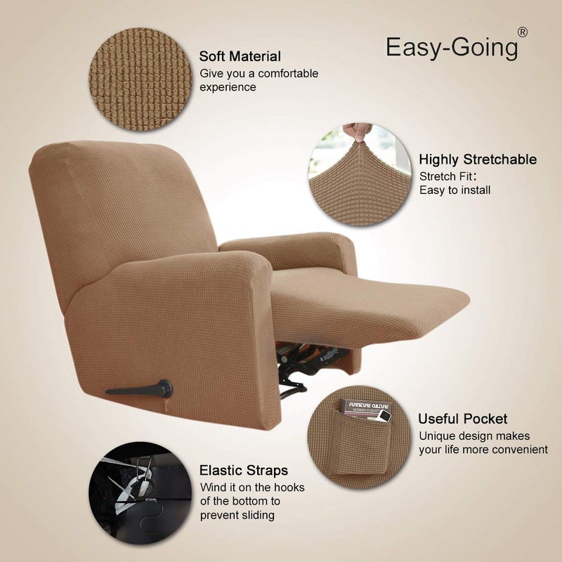 Easy-Going Recliner Stretch Sofa Slipcover Sofa Cover 4-Pieces Furniture Protector Couch Soft with Elastic Bottom Spandex Jacquard Fabric Small Checks(Recliner,Camel) Large - Image 3