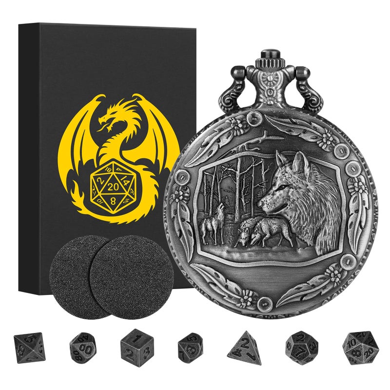 Keller & Weber Mini DND Dice Set with Steampunk Wolf Pocket Watch Case 7 Pieces Polyhedral Metal D&D Dice Set DND Gifts with Gift Box for Gamers Role Playing Board Game Accessories Dark Silver - Image 1