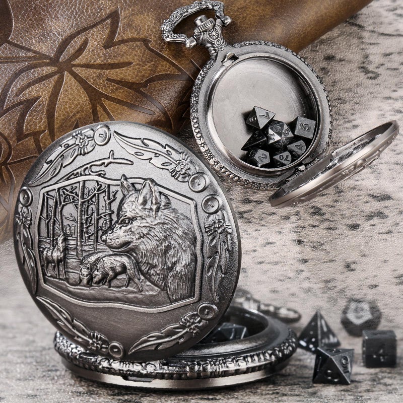 Keller & Weber Mini DND Dice Set with Steampunk Wolf Pocket Watch Case 7 Pieces Polyhedral Metal D&D Dice Set DND Gifts with Gift Box for Gamers Role Playing Board Game Accessories Dark Silver - Image 2