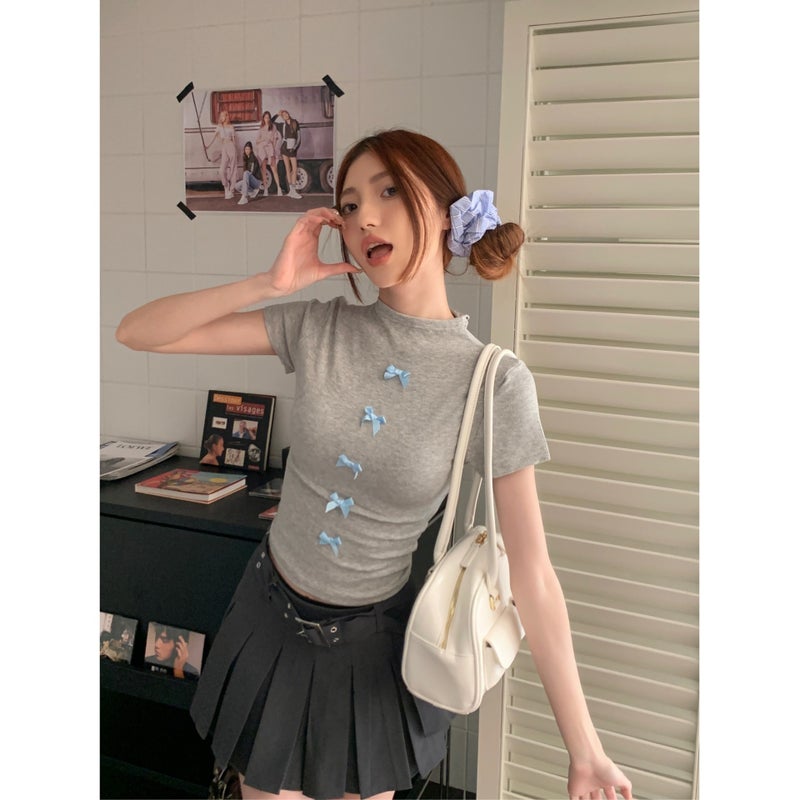 Pure Desire Style Sweet And Top Design Diamond Bow Half-High Collar T-Shirt 2024 Summer Women'S Black Base - Image 2