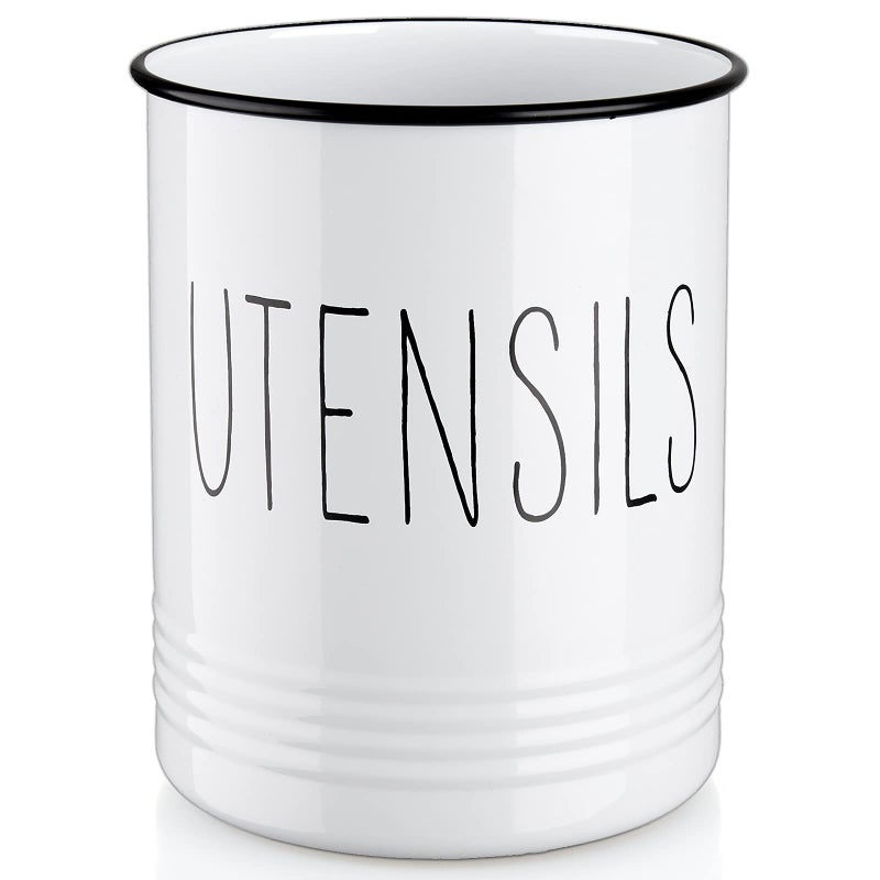 Bivvclaz Kitchen Utensil Holder, 6.7" Utensil Holder for Kitchen Counter, Cooking Utensil Crock with Cork Bottom, Modern Farmhouse Kitchen Decor, Countertop Utensil Storage Caddy Organizer, White - Image 1