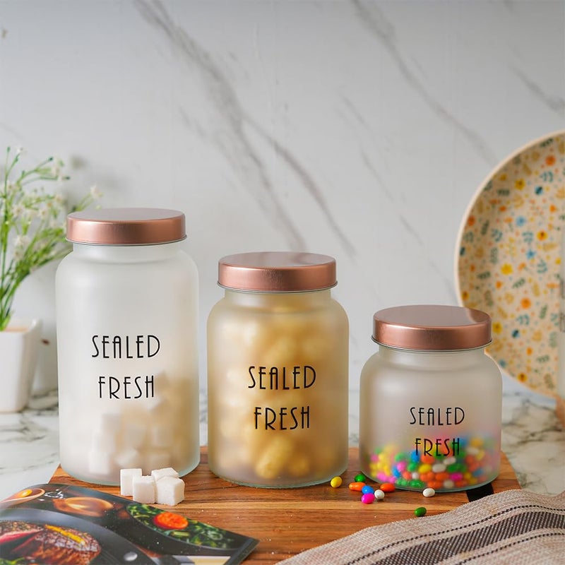 Femora Femora Frost Round Glass Jars for Kitchen Kitchen Storage Jars Stainless Steel Airtight Lids 1 Year Warranty Jars for Snacks Fry Food Masala Spice Pickles Cookies 1000ml Set of 2 Golden - Image 2