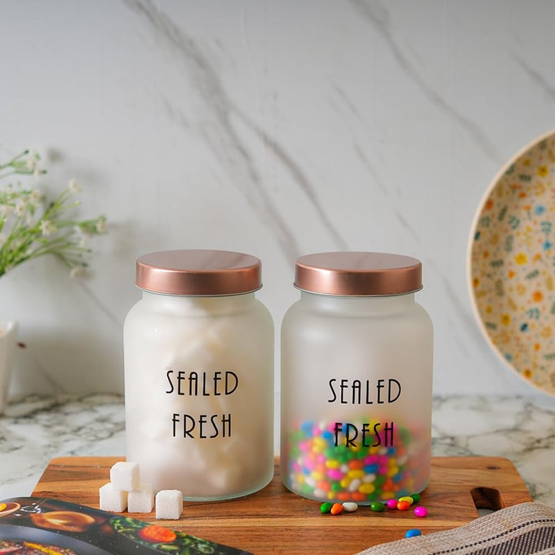 Femora Femora Frost Round Glass Jars for Kitchen Kitchen Storage Jars Stainless Steel Airtight Lids 1 Year Warranty Jars for Snacks Fry Food Masala Spice Pickles Cookies 1000ml Set of 2 Golden - Image 3