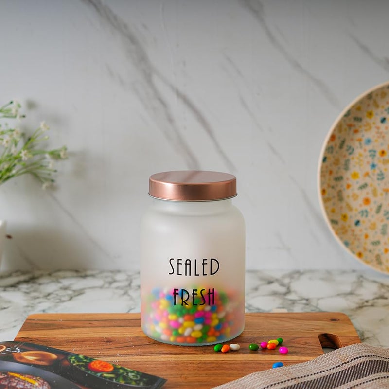 Femora Femora Frost Round Glass Jars for Kitchen Kitchen Storage Jars Stainless Steel Airtight Lids 1 Year Warranty Jars for Snacks Fry Food Masala Spice Pickles Cookies 1000ml Set of 2 Golden - Image 1