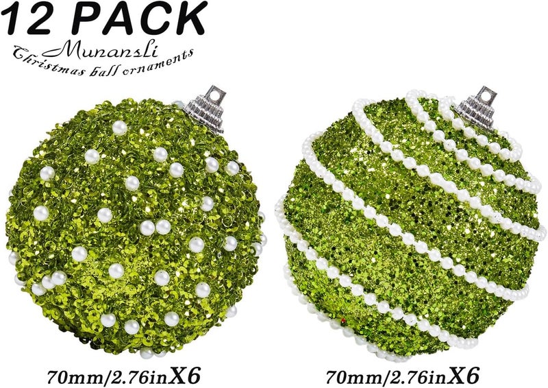 Munansli Green Christmas Ball Ornaments, Christmas Ball Decorations Shatterproof Plastic Hanging Pearl Balls for Holiday Party(70mm/2.76", 12ct) - Image 4