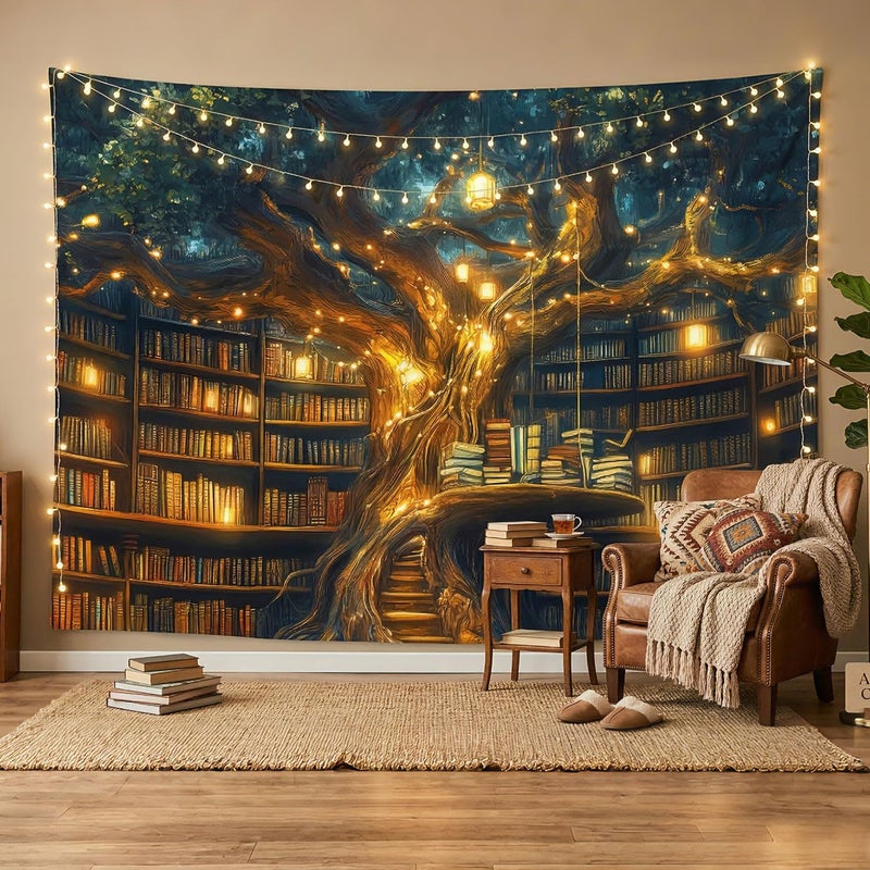 GOAOK Fantasy Library Tapestry For Classroom, Mysterious Tree Magic Bookshelf Aesthetic Tapestries, Witchy Fairytale Tree Vintage Bookshelf Book Art Tapestry Wall Hanging College Room Bedroom, 60"X40" - Image 1