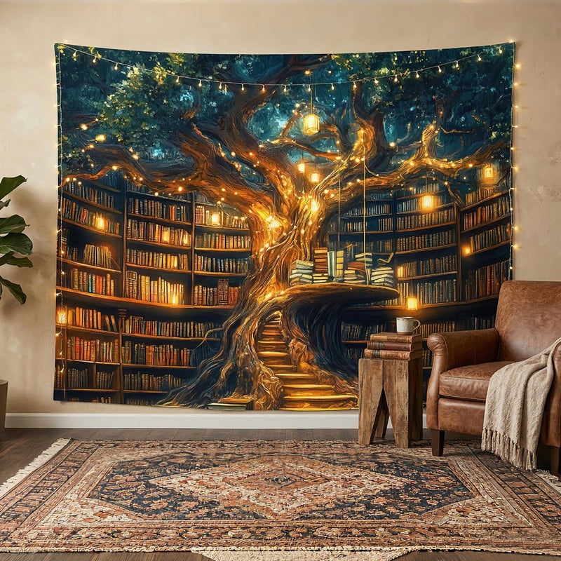 GOAOK Fantasy Library Tapestry For Classroom, Mysterious Tree Magic Bookshelf Aesthetic Tapestries, Witchy Fairytale Tree Vintage Bookshelf Book Art Tapestry Wall Hanging College Room Bedroom, 60"X40" - Image 3