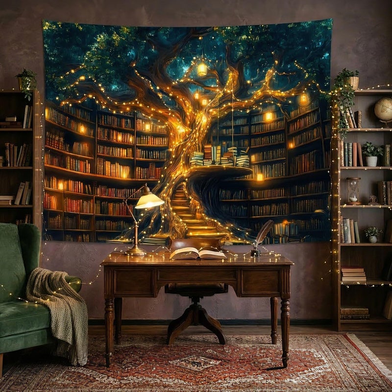 GOAOK Fantasy Library Tapestry For Classroom, Mysterious Tree Magic Bookshelf Aesthetic Tapestries, Witchy Fairytale Tree Vintage Bookshelf Book Art Tapestry Wall Hanging College Room Bedroom, 60"X40" - Image 2
