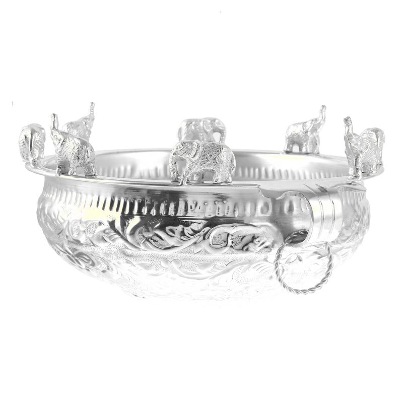 PIEPOT L Decorative Running Elephant Pure Brass Silver Plated Urli With Handle L Decorative Diya Lighting L Ideal For Gifting Pooja And Decoration 10 Diameter 55 Height 13 L - Image 5