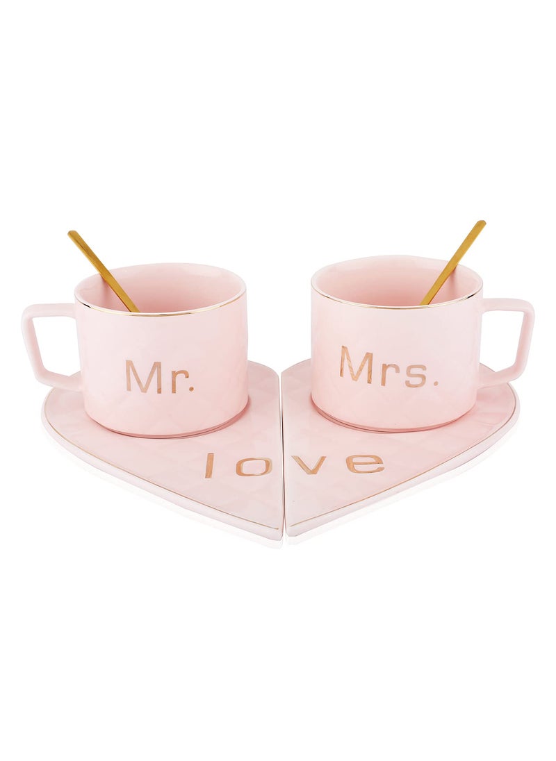 Nyrwana NYRWANA DELIVERING SMILES IN INIDA Mr And Mrs Ceramic MugsTea Cup With Heart Shape Saucer 2Pc Pink 250 Milliliter 250 Ml  - Image 1
