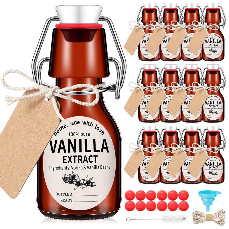 Vesici 12 Sets Swing Top Glass Bottles Set Vanilla Extract Bottles With Stoppers Stickers Caps Bottle Brush Funnel Rope Labels Amber Homemade Vanilla Extract Bottles For Christmas Party (2 Oz) - Image 1