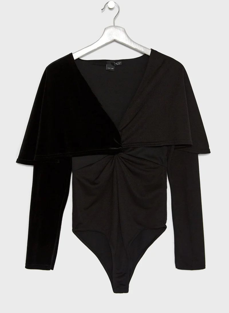 LOST INK Long Sleeve Velour Tie Waist Plunge Cape Sleeve Bo