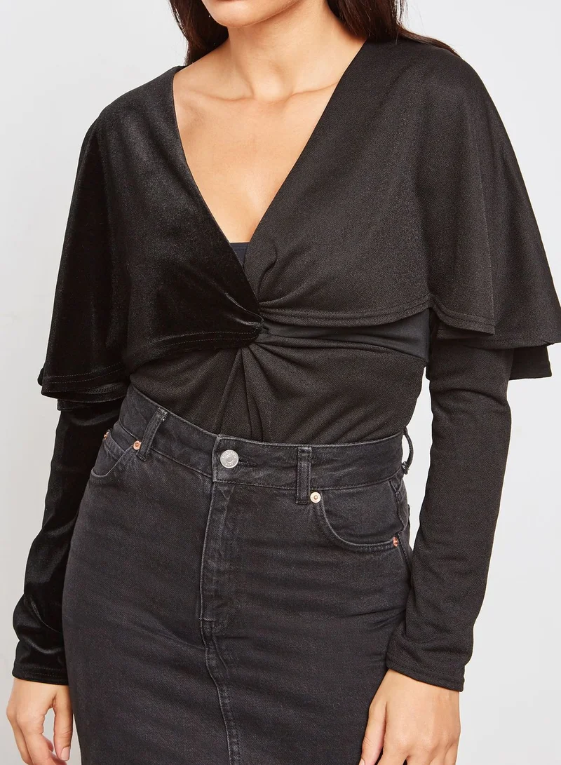 LOST INK Long Sleeve Velour Tie Waist Plunge Cape Sleeve Bo