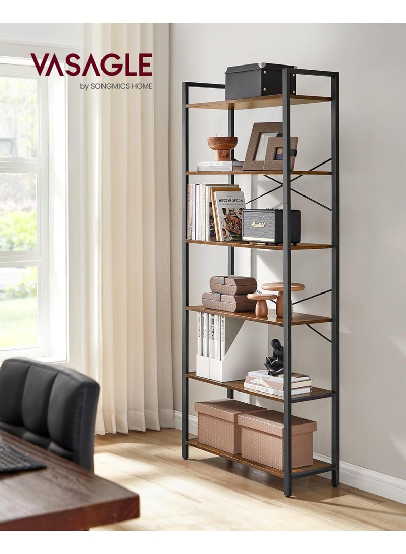 VASAGLE 6-Tier Rustic Industrial Bookcase with Steel Frame, Wall-Mount or Freestanding Tall Storage Shelf for Living Room, Office, Bedroom, Hallway, Display Rack for Books, Plants, and Decor, 80 x 30 x 186 cm - Image 2