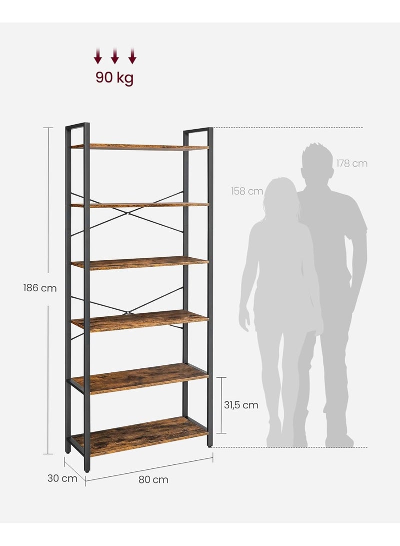 VASAGLE 6-Tier Rustic Industrial Bookcase with Steel Frame, Wall-Mount or Freestanding Tall Storage Shelf for Living Room, Office, Bedroom, Hallway, Display Rack for Books, Plants, and Decor, 80 x 30 x 186 cm - Image 3