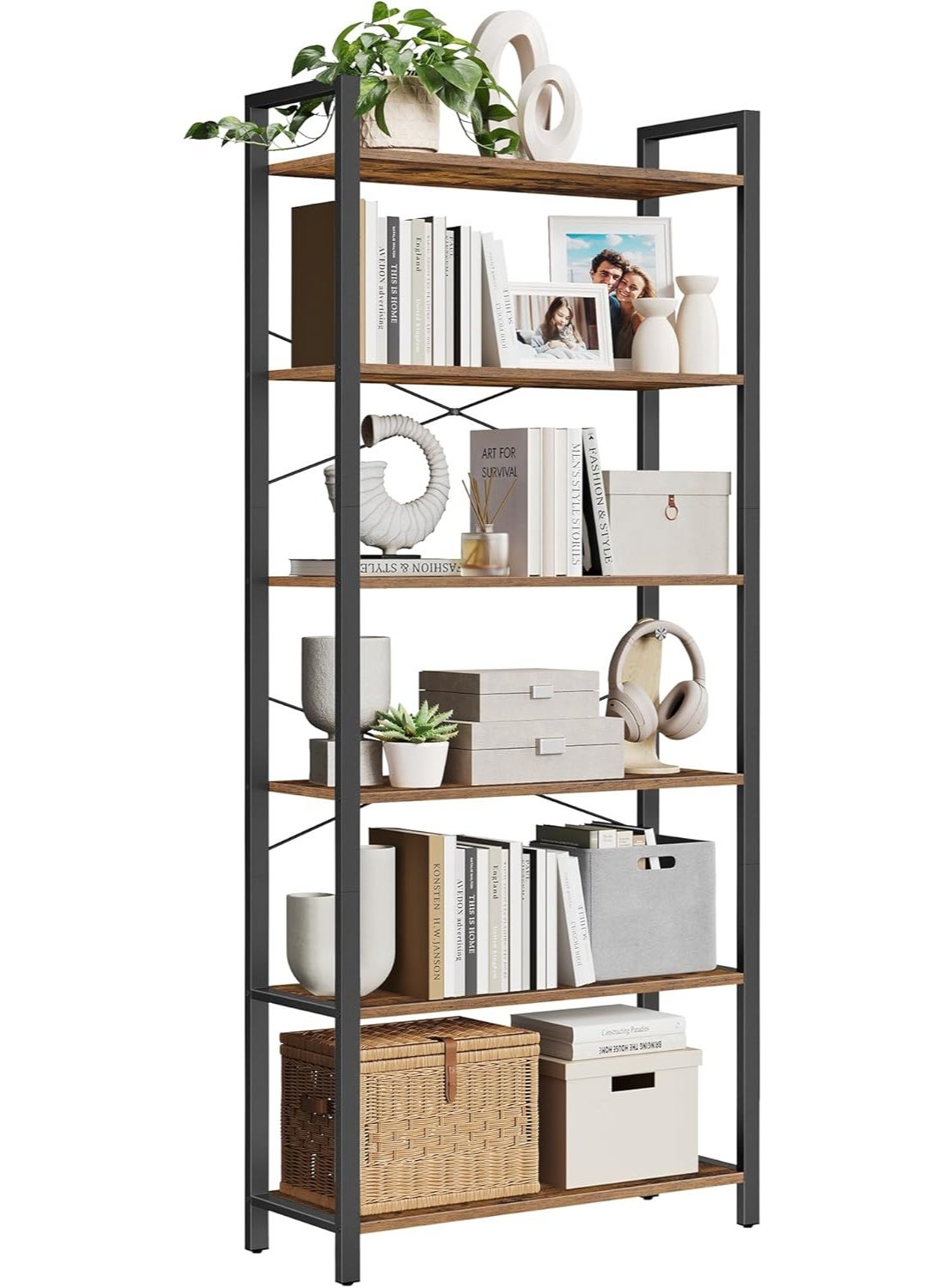 wonder_store 6-Tier Rustic Industrial Bookcase with Steel Frame, Wall-Mount or Freestanding Tall Storage Shelf for Living Room, Office, Bedroom, Hallway, Display Rack for Books, Plants, and Decor, 80 x 30 x 186 cm