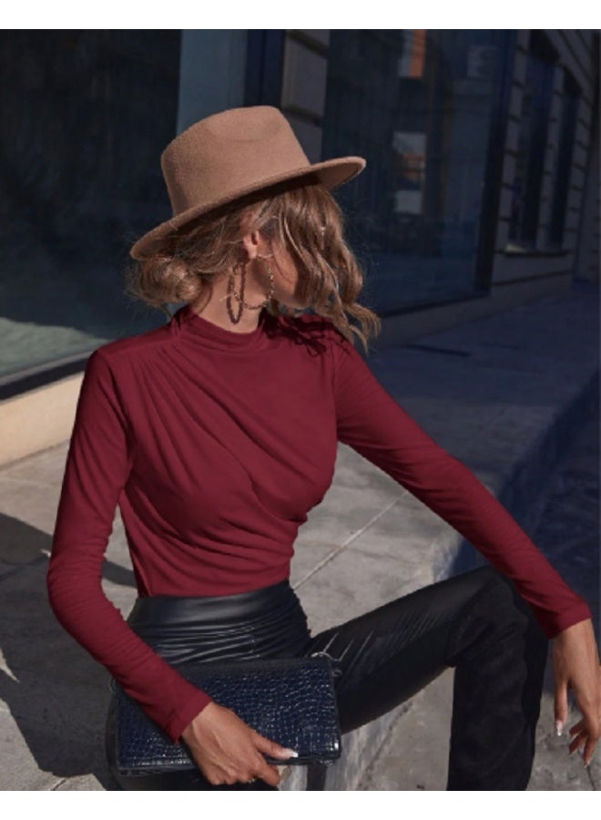 Shein SHEIN Clasi Solid Color Stand Collar Pleated Elegant Commuter Long Sleeve T-Shirt - Image 3