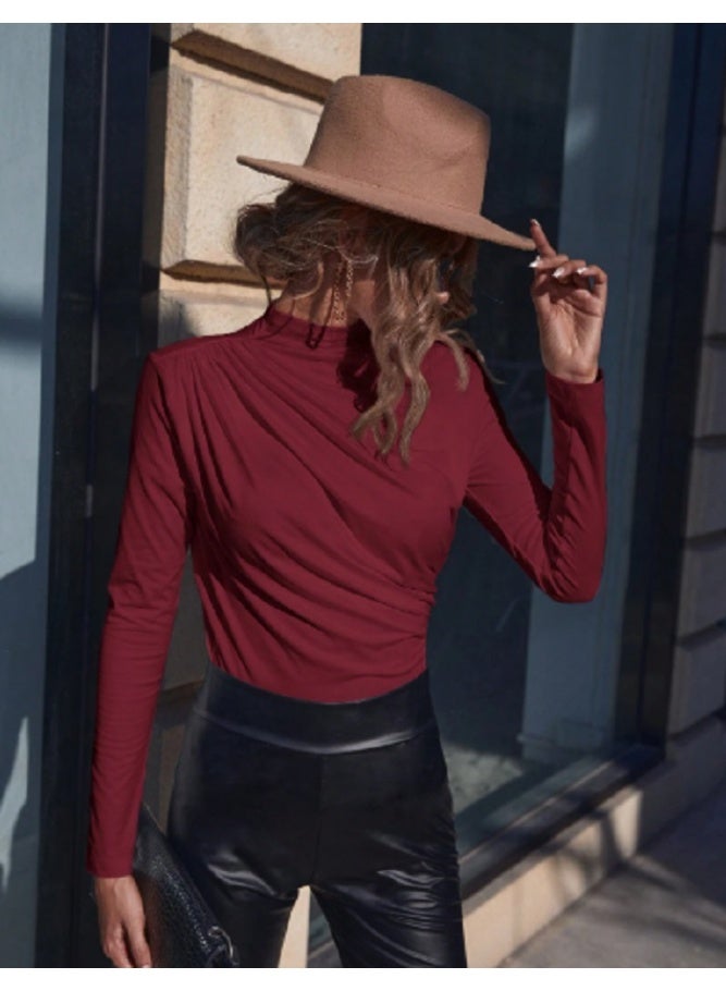 Shein SHEIN Clasi Solid Color Stand Collar Pleated Elegant Commuter Long Sleeve T-Shirt - Image 1