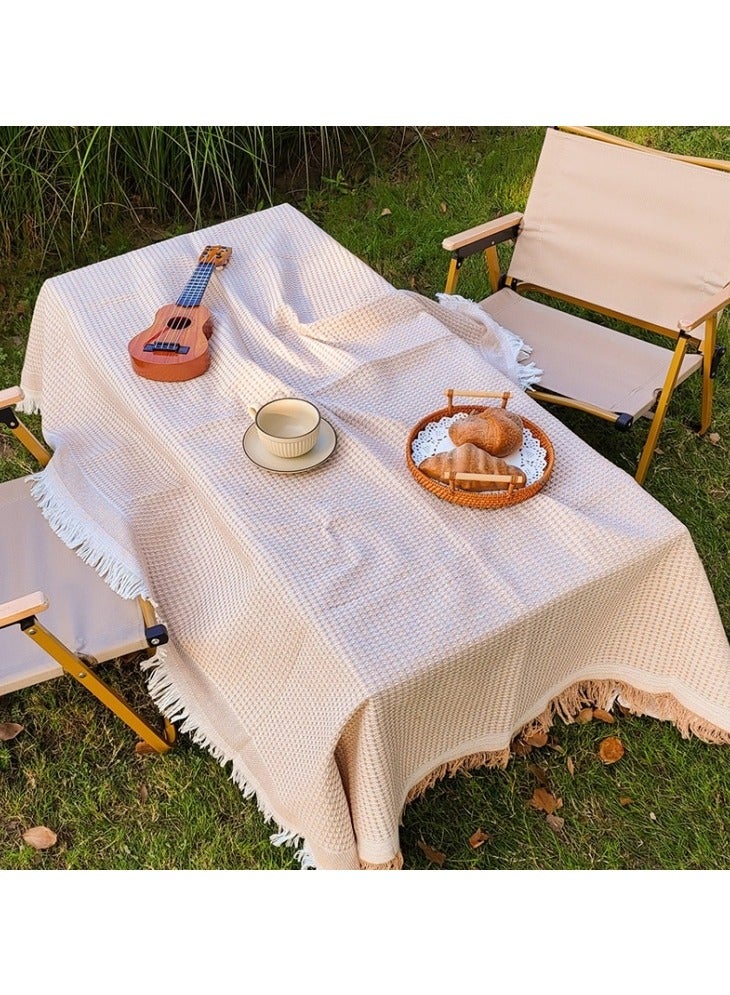 90x150cmTablecloth Cotton and Linen With Tassel Rectangular Washable Dustproof Coffee Table Cloth Leisure Shee Picnic Sheet Picnic Mat Northern Europe Foldable Lightweight Large Compact Storage Portable Outdoors Sports for Kitchen Picnic Table Decoration Dining Table Khaki