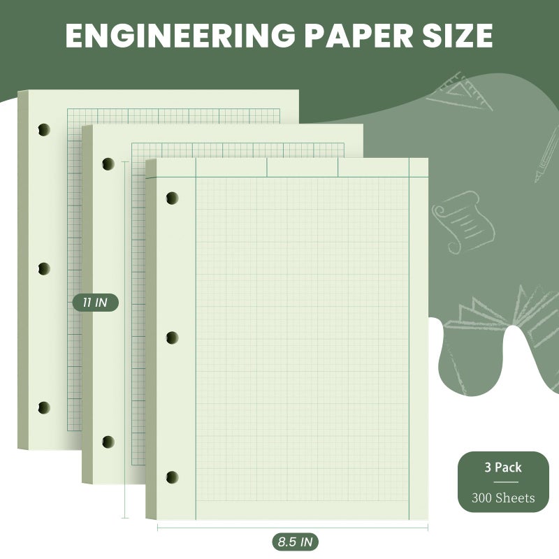 Aidunmis Engineering Paper 8.5 x 11, 3 Pack Engineering Notebook, 5x5 Quad Ruled, 3-Hole Punched Graph Paper, Top Binding Green Engineering Computation Pad 8.5 x 11, 100 Sheets/Pad Engineering Paper Notebook - Image 2