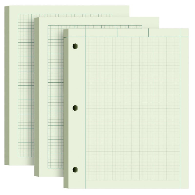 Aidunmis Engineering Paper 8.5 x 11, 3 Pack Engineering Notebook, 5x5 Quad Ruled, 3-Hole Punched Graph Paper, Top Binding Green Engineering Computation Pad 8.5 x 11, 100 Sheets/Pad Engineering Paper Notebook - Image 1