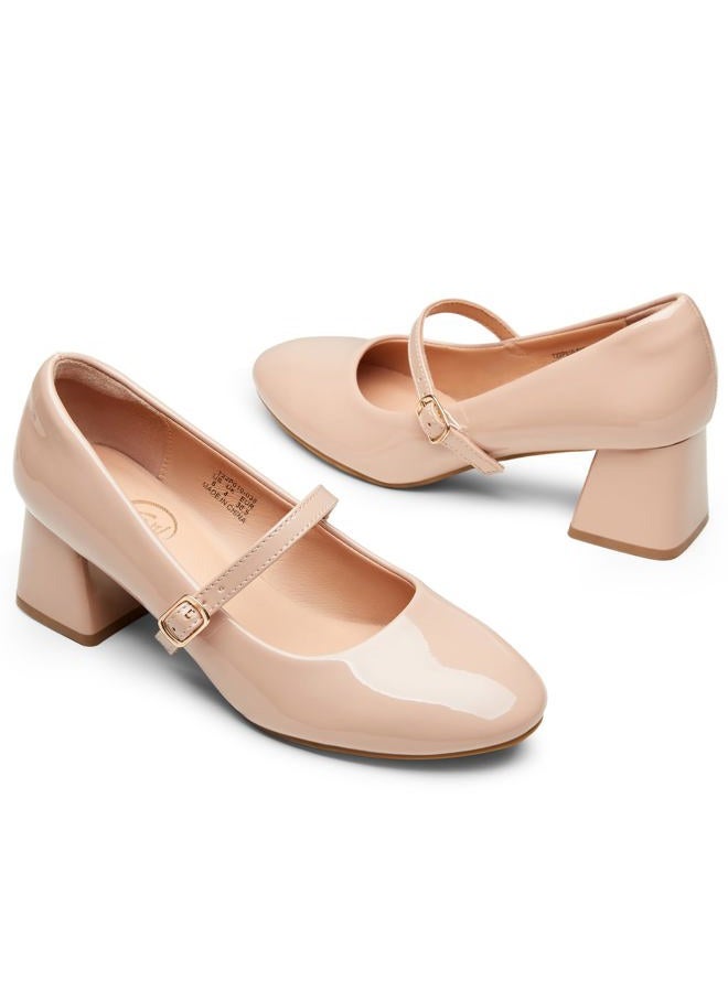 Trary Mary Jane Shoes Women, Chunky Mary Janes Heels for Women Shoes Dressy Casual, Dress Shoes for Women Block Heels Closed Toe Mary Jane Pumps, Nude, 9.5 - Image 4