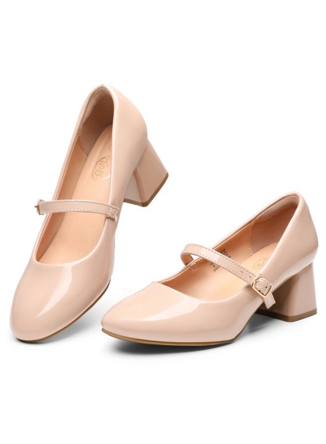 Trary Mary Jane Shoes Women, Chunky Mary Janes Heels for Women Shoes Dressy Casual, Dress Shoes for Women Block Heels Closed Toe Mary Jane Pumps, Nude, 9.5 - Image 1