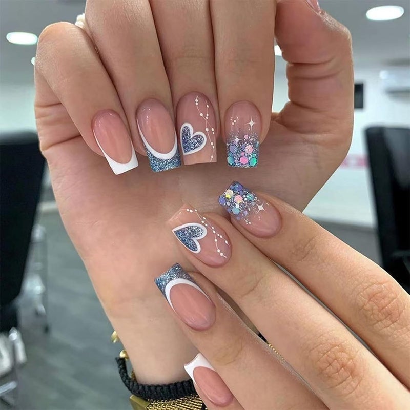 24pcs Medium Square False Nails French White Tip Stickon Glitter Blue Heart Presson Removable Glueon Full Cover Fake Nail Art Accessories for Women Girls