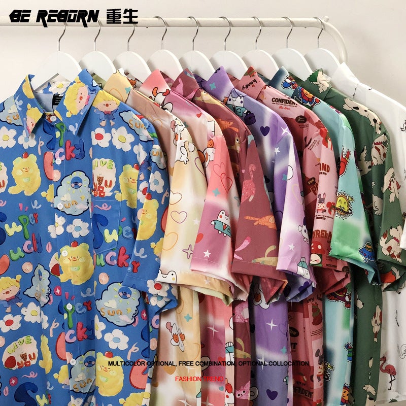 Guangzhou Cartoon Animal Flower Shirt Men And Women Trend Design Sense Loose Casual Short Sleeve Shirt - Image 2