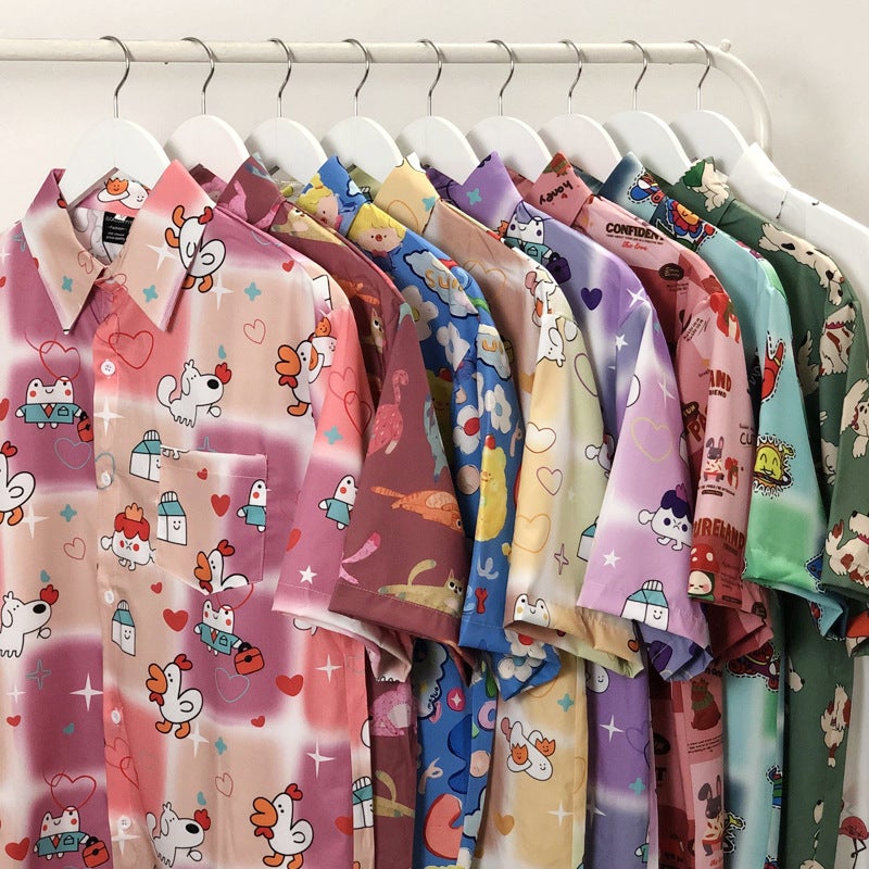 Guangzhou Cartoon Animal Flower Shirt Men And Women Trend Design Sense Loose Casual Short Sleeve Shirt - Image 3