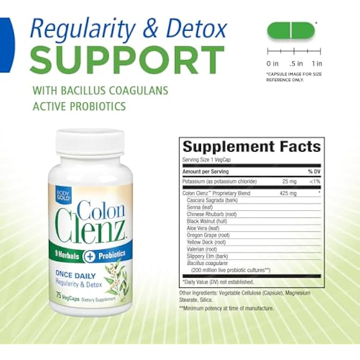 Body Gold Colon Clenz Regularity & Detox Formula | Once Daily Support with 9 Herbs + Active Probiotics | 75 CT - Image 2
