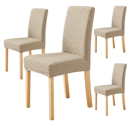 House of Quirk Stylish Jacquard Dining Chair Cover – 220 GSM Stretch Fabric, Universal Fit Short Seat Slipcover, Removable & Washable Protector (Khaki, Pack of 4) - Image 1