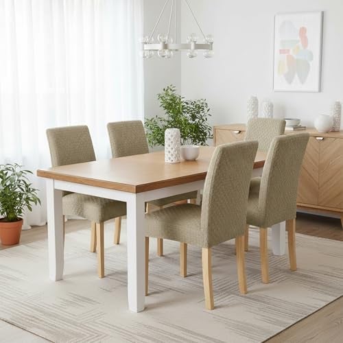 House of Quirk Stylish Jacquard Dining Chair Cover – 220 GSM Stretch Fabric, Universal Fit Short Seat Slipcover, Removable & Washable Protector (Khaki, Pack of 4) - Image 2