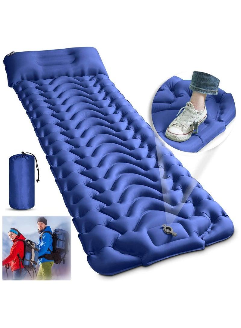 Generic Sleeping Pad, Extra Thickness 10cm Inflatable Camping Sleeping Mat with Pillow Built-in Foot Press, Compact Ultralight Camping Air Mattress for Backpacking, Hiking, Tent(Blue) - Image 1