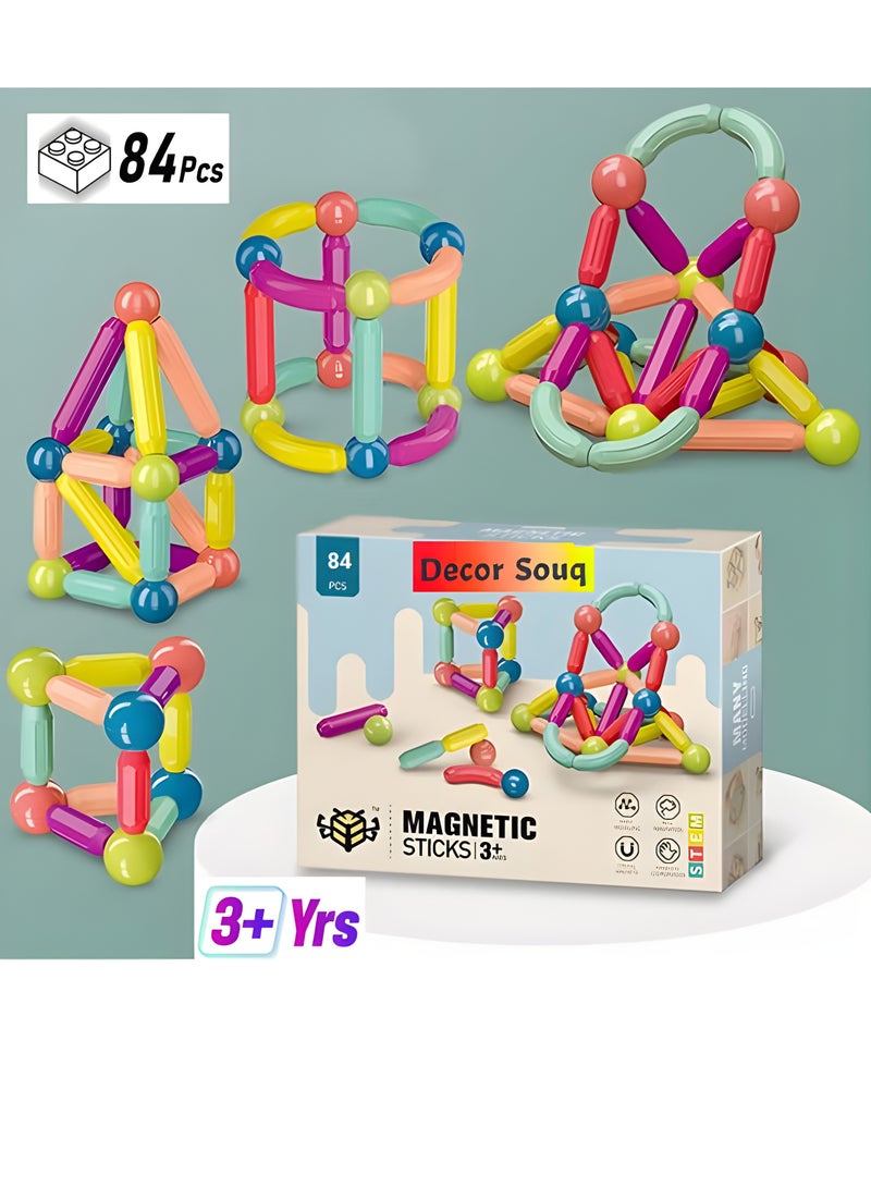Toys R Us 84PCS Magnetic Sticks and Balls Building Blocks Set – STEM Construction Toys for Kids Ages 3+ – Educational DIY Magnetic Rods Kit for Toddlers & Preschoolers – Colorful Montessori Sensory Toy with Curved & Straight Pieces – Safe Learning Toy Gift for Boys and Girls - Image 2