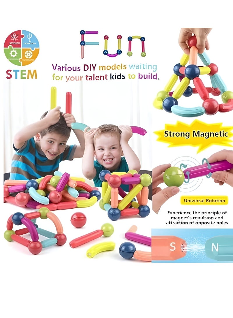 Toys R Us 84PCS Magnetic Sticks and Balls Building Blocks Set – STEM Construction Toys for Kids Ages 3+ – Educational DIY Magnetic Rods Kit for Toddlers & Preschoolers – Colorful Montessori Sensory Toy with Curved & Straight Pieces – Safe Learning Toy Gift for Boys and Girls - Image 3