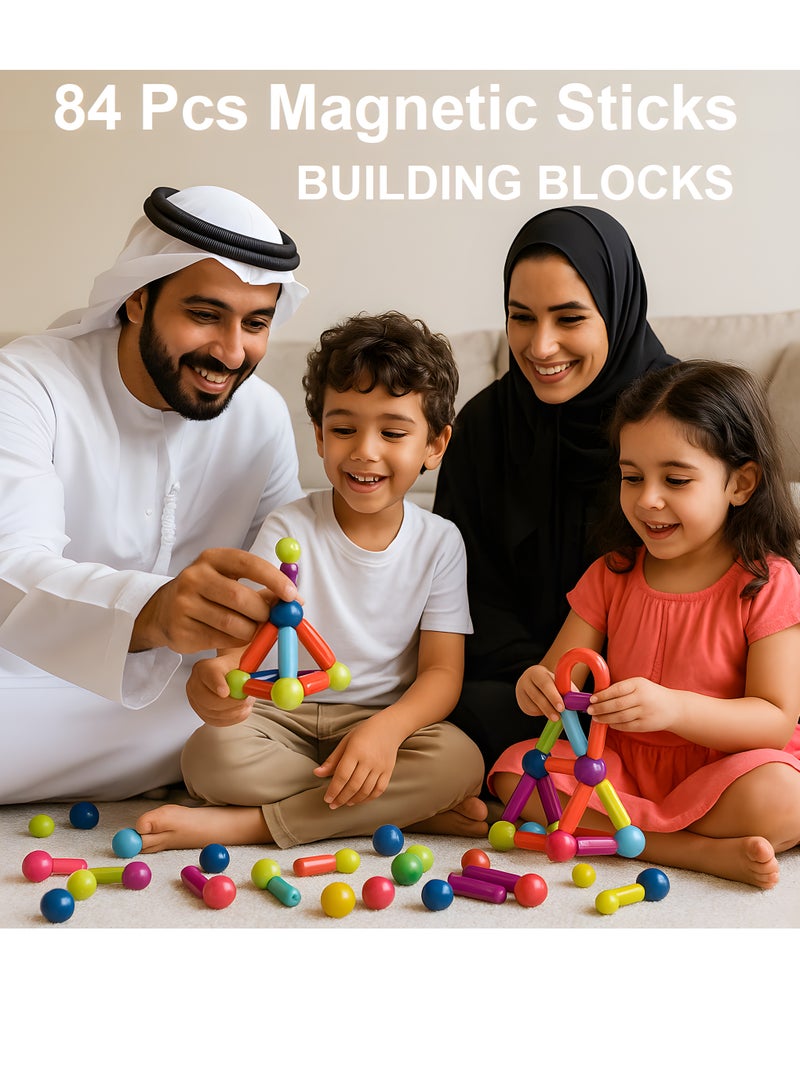 Toys R Us 84PCS Magnetic Sticks and Balls Building Blocks Set – STEM Construction Toys for Kids Ages 3+ – Educational DIY Magnetic Rods Kit for Toddlers & Preschoolers – Colorful Montessori Sensory Toy with Curved & Straight Pieces – Safe Learning Toy Gift for Boys and Girls - Image 1