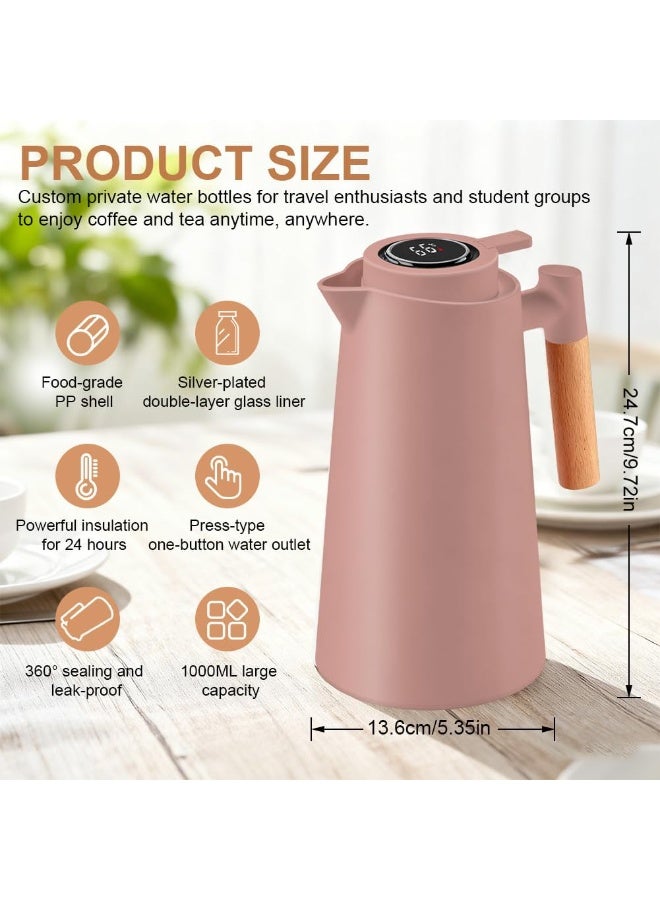 كيتشينو إبريق شاي حراري  بمقبض، إبريق قهوة، سعة 1 لتر، ترمس مزدوج الجدران مع شاشة عرض درجة حرارة LED، بطانة زجاجية، عزل حراري لمدة 24 ساعة للقهوة والشاي والماء ساخنًا أو باردًا - Image 2