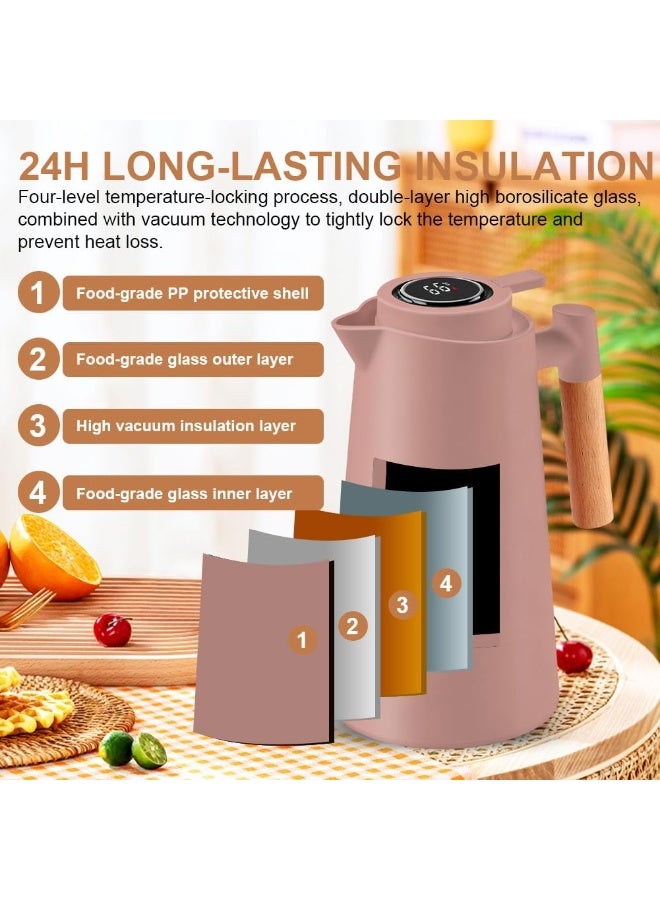 كيتشينو إبريق شاي حراري  بمقبض، إبريق قهوة، سعة 1 لتر، ترمس مزدوج الجدران مع شاشة عرض درجة حرارة LED، بطانة زجاجية، عزل حراري لمدة 24 ساعة للقهوة والشاي والماء ساخنًا أو باردًا - Image 3