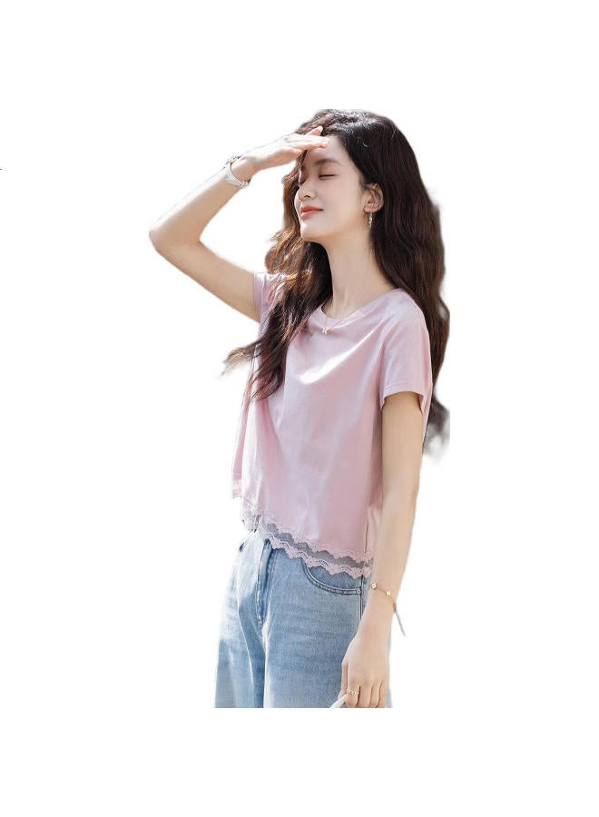 dme Elastic 180G Cotton Ammonia】Summer Round Neck Lace Bottoming Shirt Short Sleeve Loose Comfortable Women'S T-Shirt - Image 3